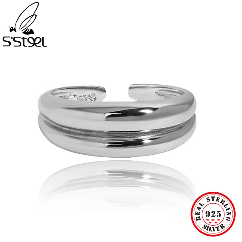 

S'STEEL Double layer Texture S925 Sterling Silver Simple Open Ring Hip Hop Geometry Design 2021 Trend Fine Jewellery For Women