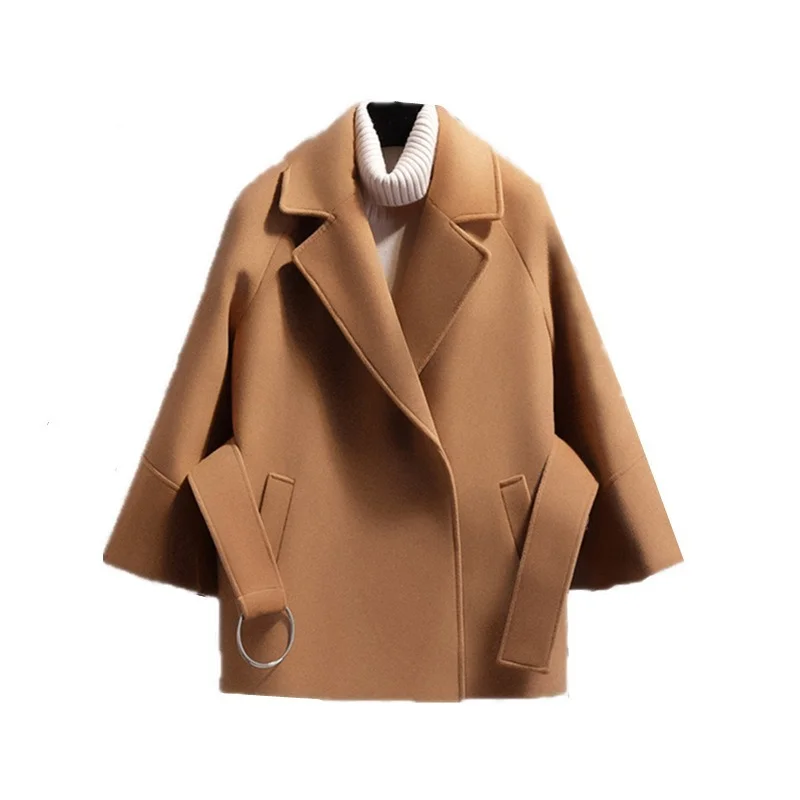 

2022 Women Short Woolen Coat Belt Jacket Female Raglan Sleeves Cloak Jackets Elegant Single Button Black Camel Trench Abrigo