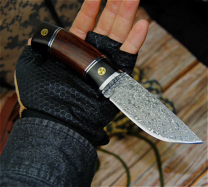 Дамасский сандаловый уличный прямой нож для охоты на открытом воздухе в
