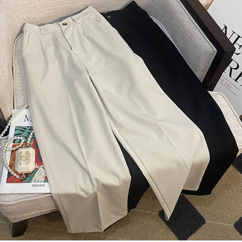 

2022 Summer Woman'S Suit Pants Solid White Black Loose Long Straight Trousers Smooth Zipper Pants