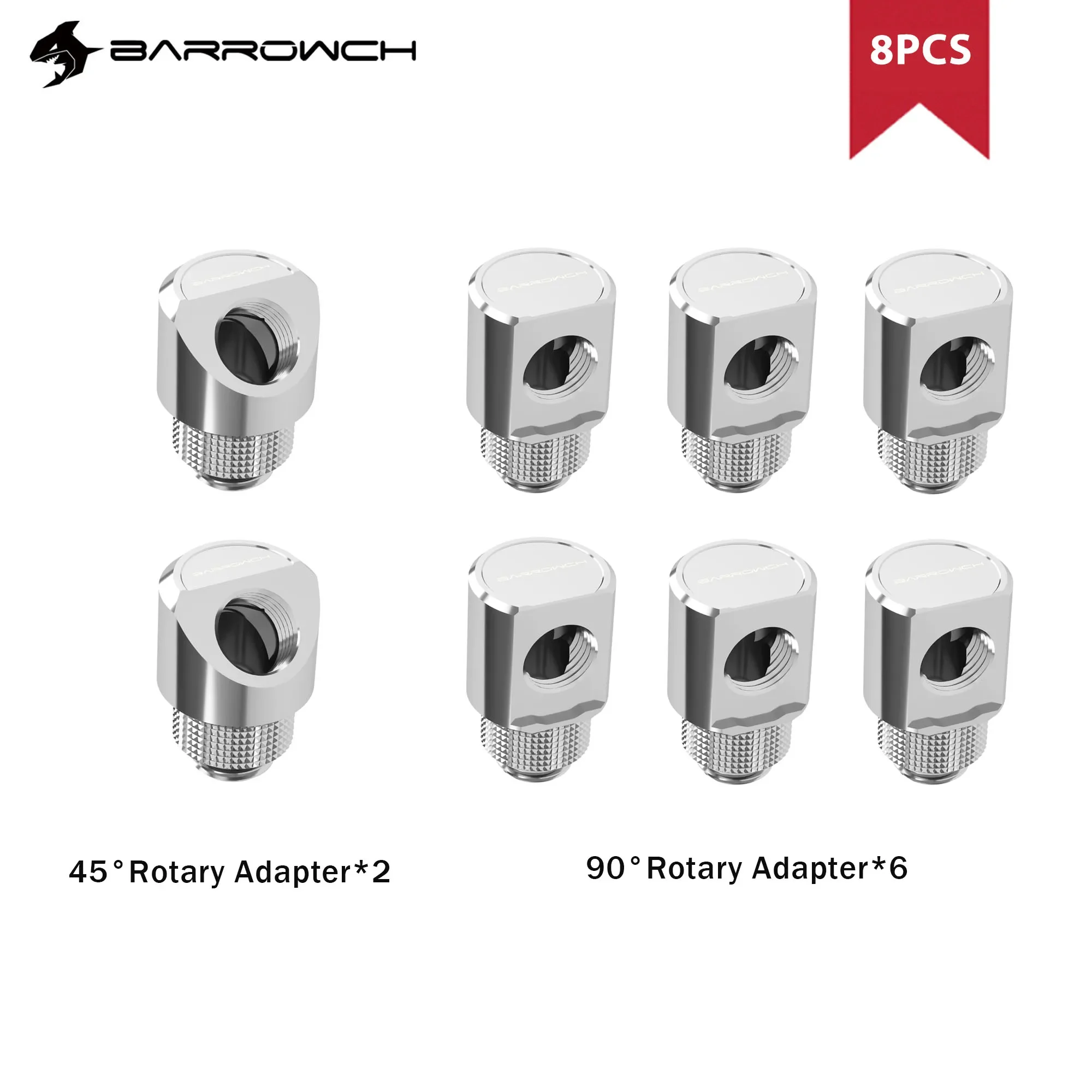 Фото Barrowch 6шт 90 ° Поворотный адаптер 45 ° Поворотный адаптер с резьбой G1/4, с гладкой поверхностью, для водяного охлаждения, металлический, F-образный. №3