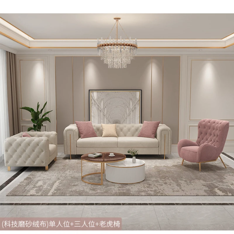 

Light luxury Italian postmodern simple luxury high-end atmospheric pull-button flannel sofa head layer leather sofa