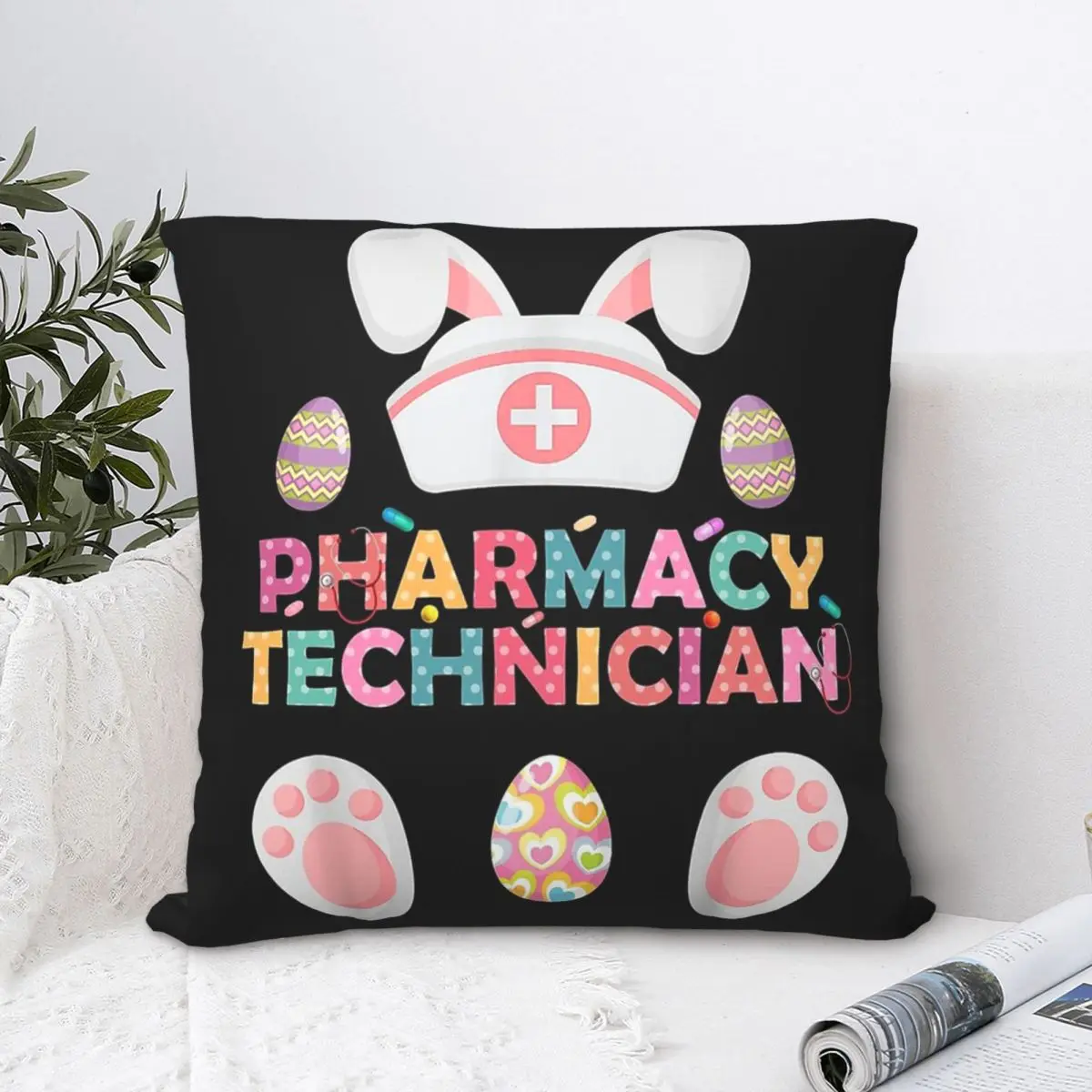 

Funny Pharmacy Technician Bunny Pharmacist Happy Easter Day Throw Pillow Case Backpack Cushions Covers DIY Printed Reusable