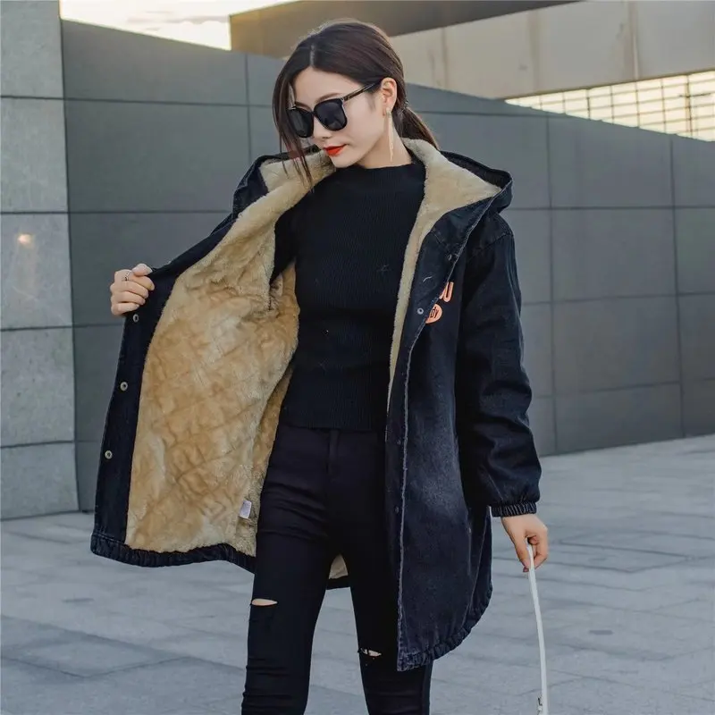 Fleece Thickened Hooded Denim Jacket Cartoon Print Single Breasted Denim Parkas Jacket Women's Vintage Washed Denim Jacket Coat