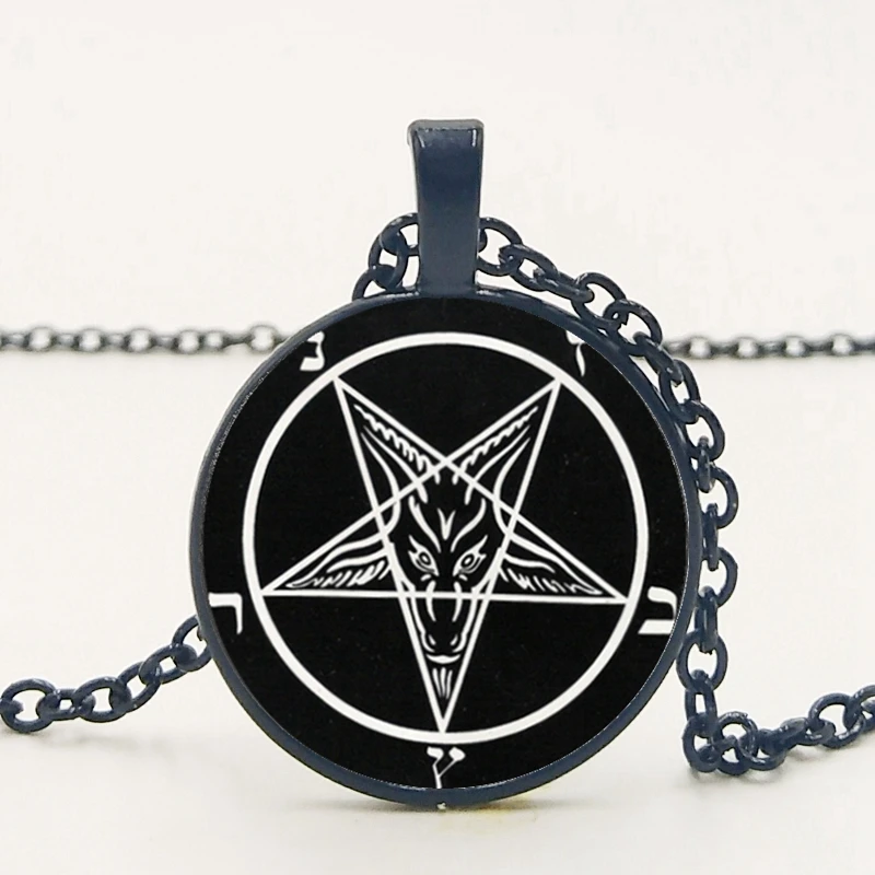 

statement / Hot Baphomet Five-pointed Star Logo Glass Pendant Round Element Pattern Necklace, Men and Women Necklace.