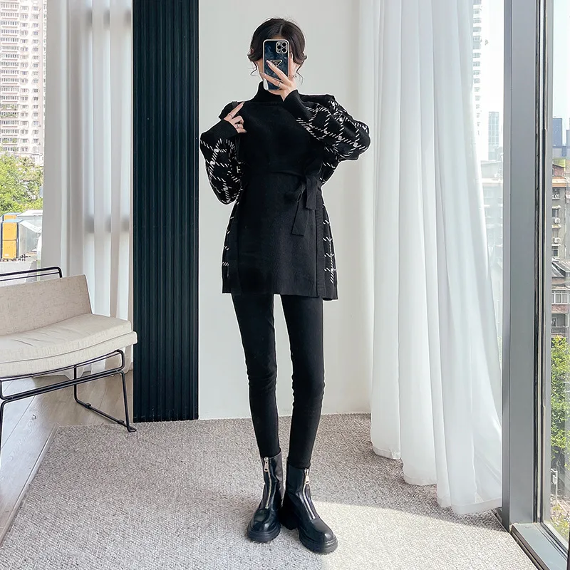 Autumn Winter Patchwork Knitted Maternity Sweaters Large Size Loose Ties Waist Shirt Clothes for Pregnant Women Pregnancy Tops enlarge