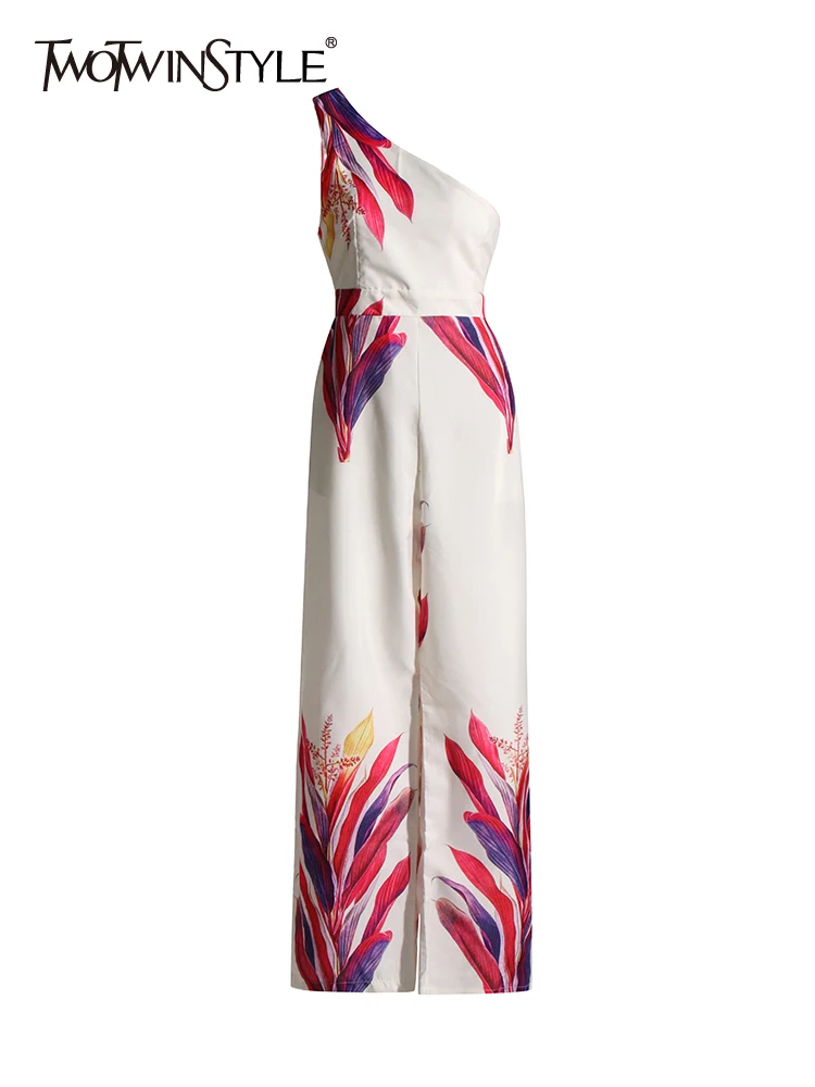 

TWOTWINSTYLE Hit Color Print Jumpsuits For Women Irregular Collar Sleeveless High Waist Wide Leg Pant Casual Jumpsuit Female New