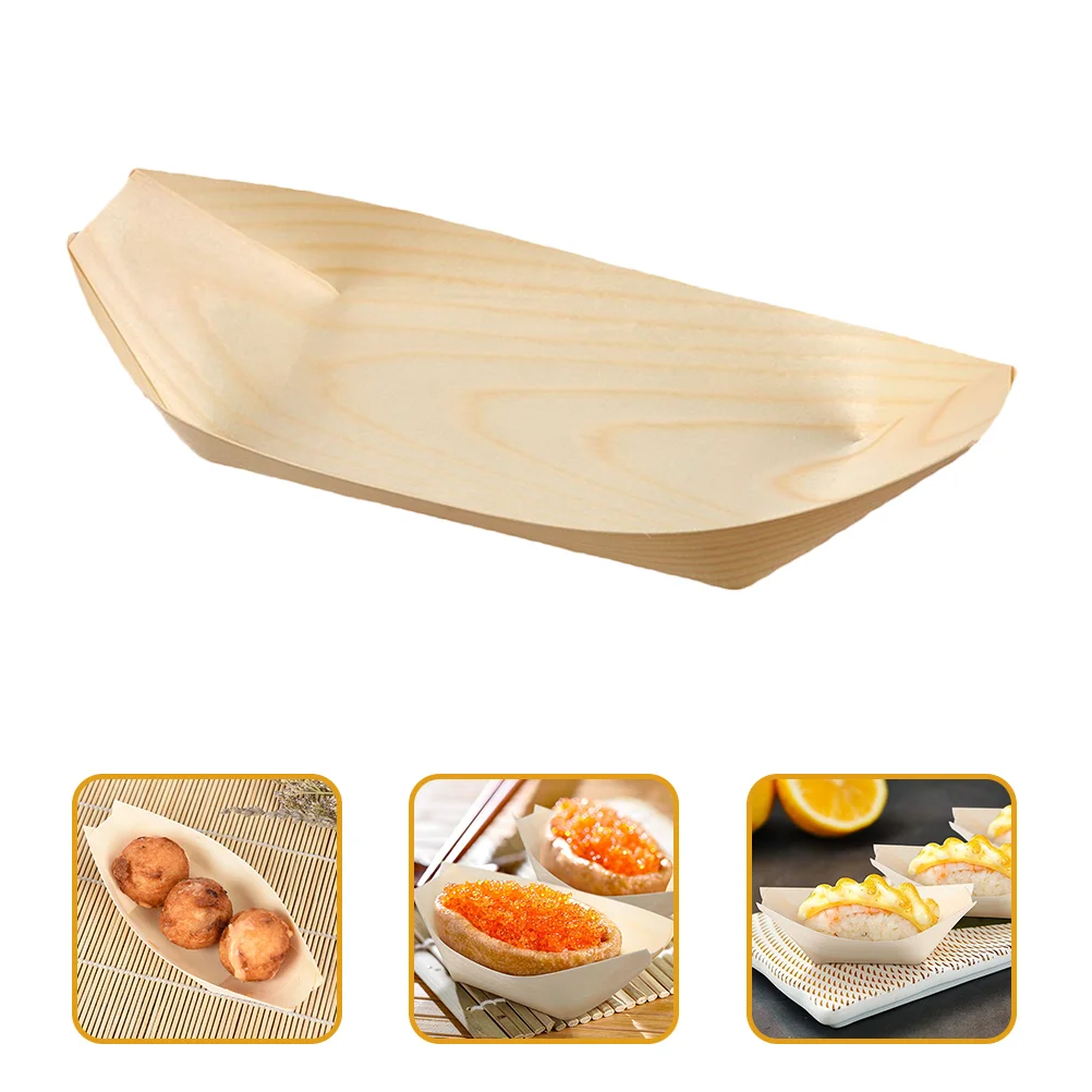 150pcs Disposable Wooden Sushi Boat Sushi Serving Tray Grease Resistant Snack Containers