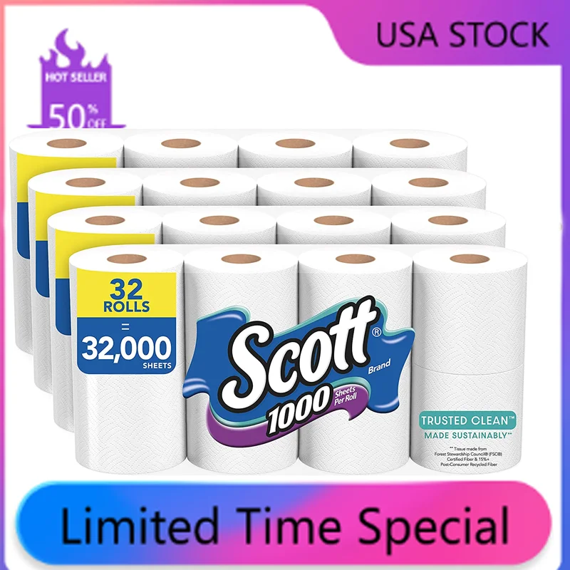 

NEW Toilet Paper, Scott Trusted Clean Toilet Paper, Septic-Safe Toilet Tissue, 1-Ply Rolls,8 count(Pack of 4)