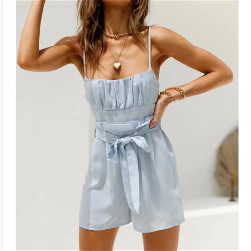 Ruched Sash Sleeveless Rompers Women Casual Backless Wide Leg Chiffon Playsuits Overalls Summer Beach Short Jumpsuit