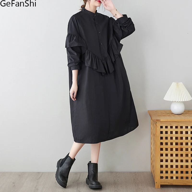 

Новинка 2022, винтажное осеннее платье-рубашка в японском стиле, однотонное милое офисное дамское платье миди с оборками, женские повседневны...