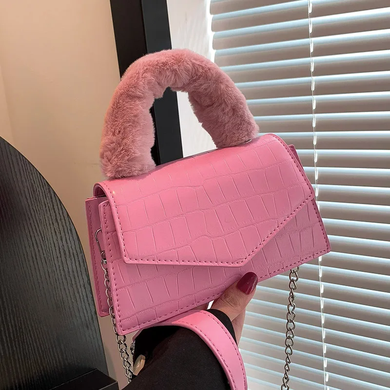 Корейская Модная Сумка Через Плечо Женская Плюшевая Коричневый И Розовый