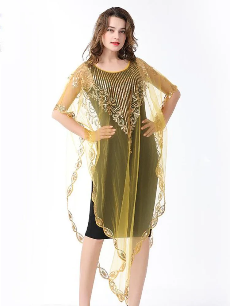 

Mesh Pole Dance Girl Latin Shawl Competition Batwing Sleeve Top Line Women Standard Dances Wear Sequin Cabaret Samba Clothing