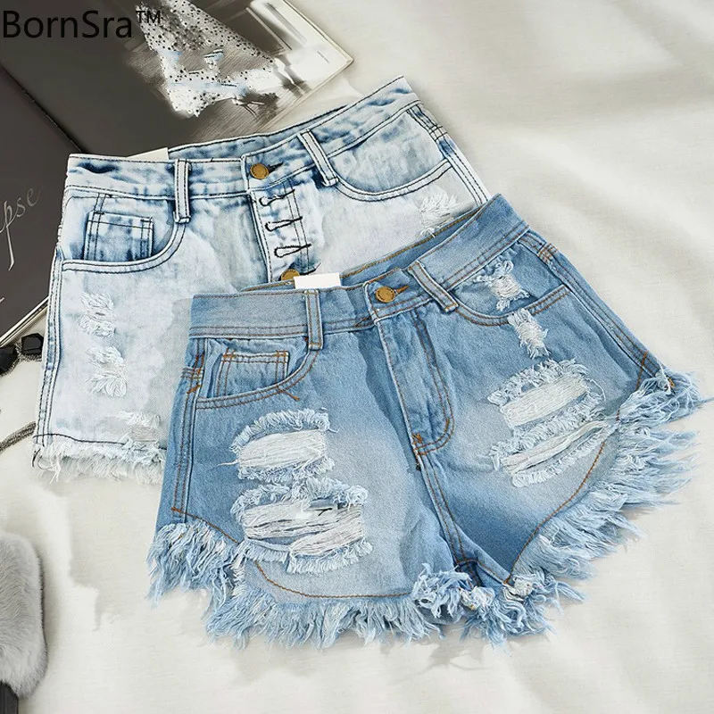 

BornSra Summer High Waist Denim Shorts Women Korean Solid Cuffed Tassels Ripped Holes Blue Jeans Shorts Sexy Club Hot Shorts