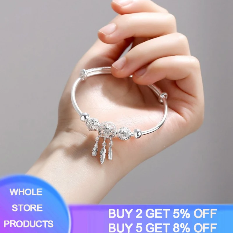 

YANHUI Fashion Bohemian Style Dreamcatcher Feather Charm Bracelets for Women Genuine Tibetan Silver Bead Bangle Gift