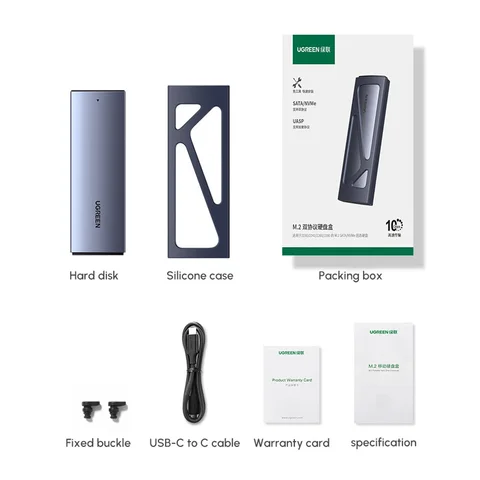 Корпус UGREEN 10 Гбит/с M.2 NVMe Корпус жесткого диска с двумя протоколами Алюминиевый корпус M.2 Поддержка M.2 NVMe/SATA SSD