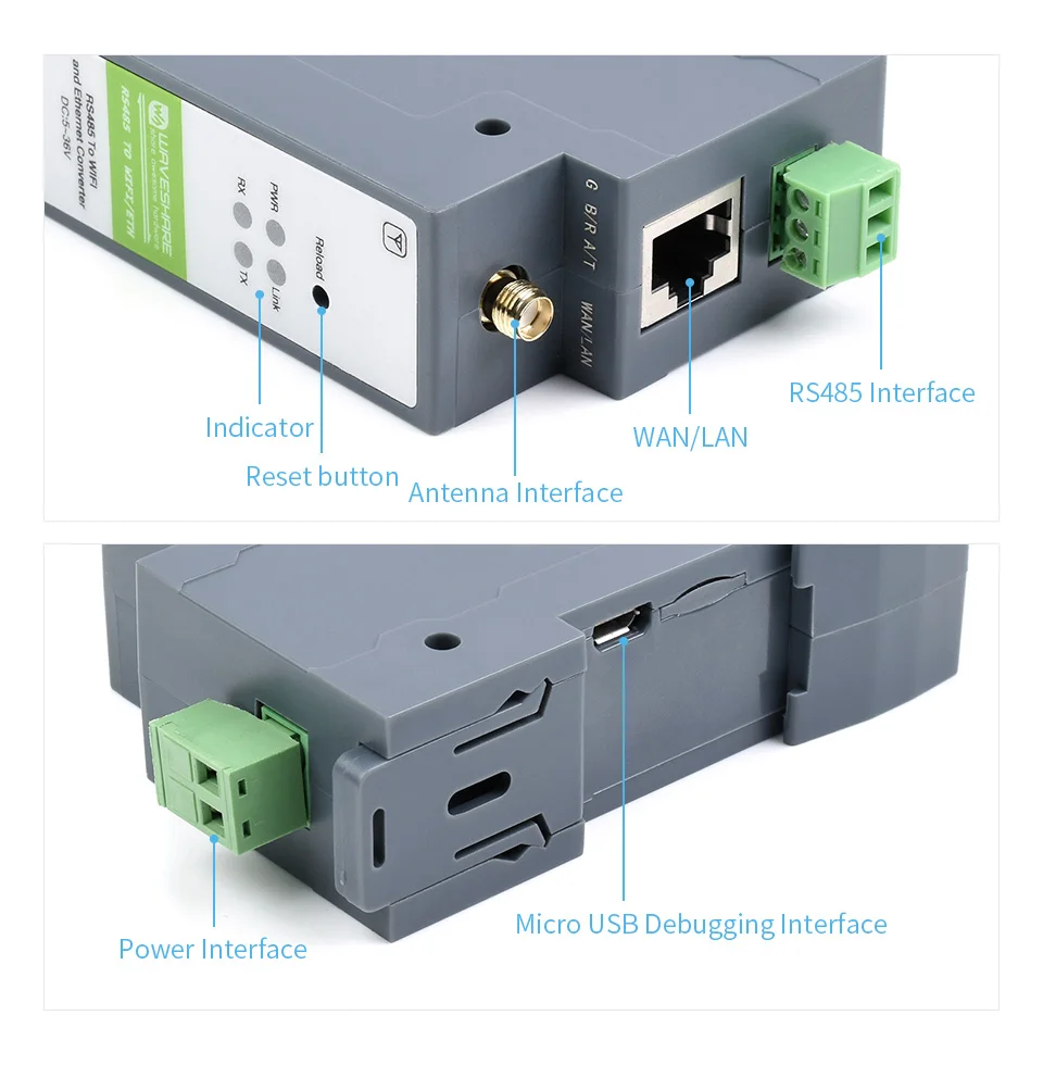 Фото Последовательный сервер с креплением на рейку, модуль RS485 к WIFI/Ethernet, шлюз Modbus MQTT №1