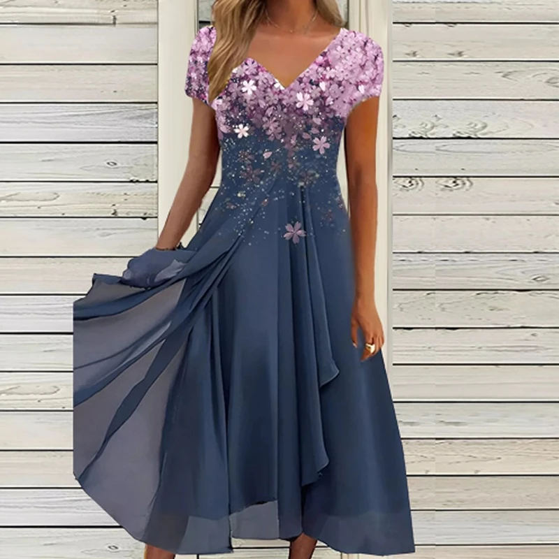 

Женское шифоновое платье с V-образным вырезом, коротким рукавом и цветочным принтом