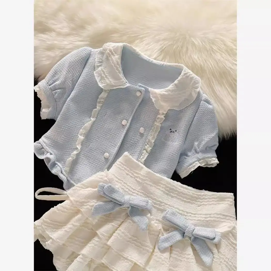 Милый топ с воротником Питера Пэна молочно-синего цвета короткими рукавами +