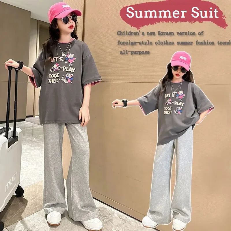

Summer Girls Cotton Patchwork Cartoon t-Shirt Tops+Plain Flared Sweatpant Set School Kids Tracksuit Children 2PCS Outfit 5-16Yrs