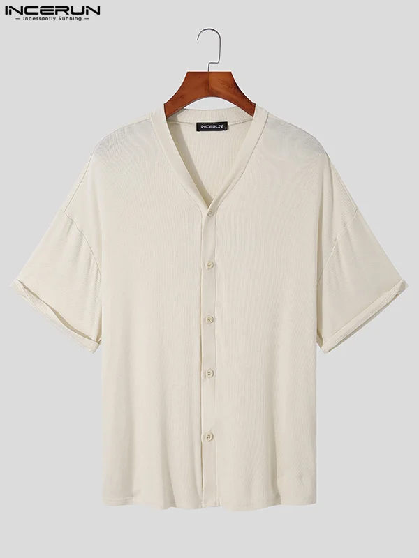 Fashion Casual Style Tops New Men Solid All-match Blouse Casual Male Hot Sale Collarless Short Sleeve Shirts S-5XL INCERUN 2022