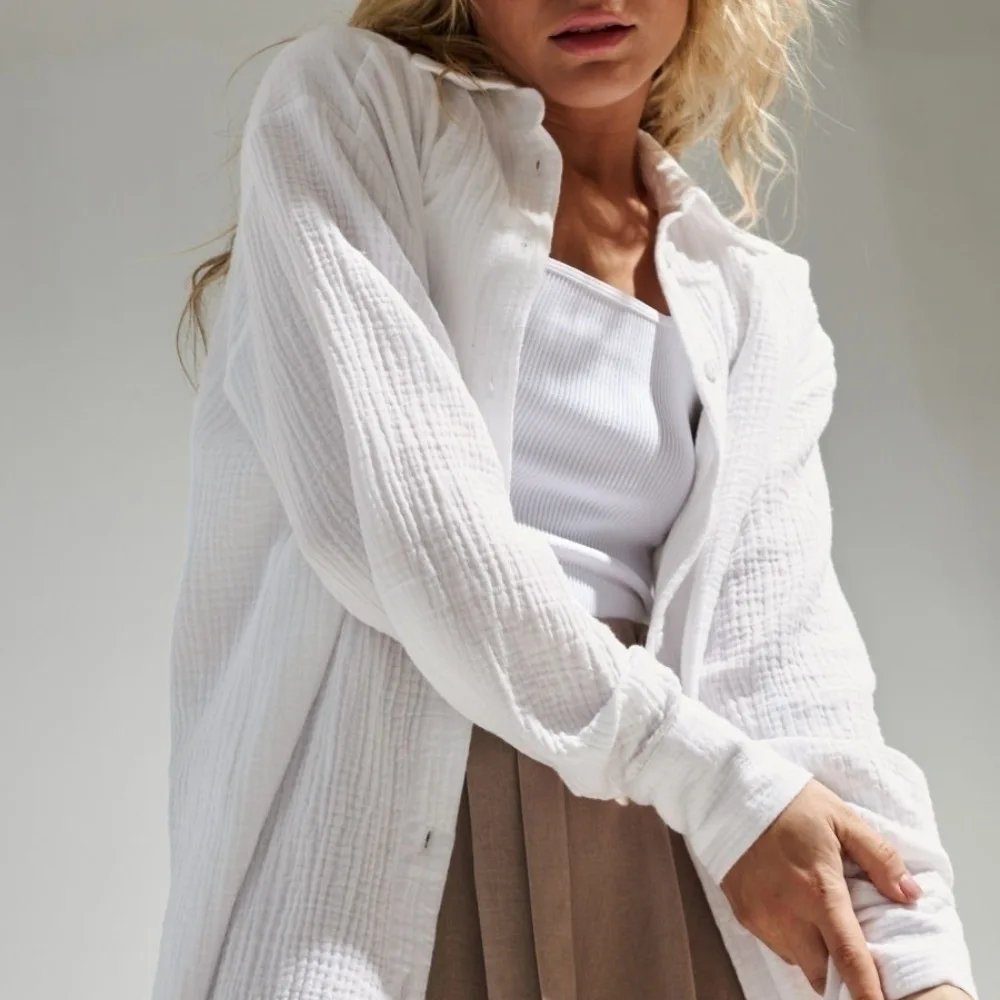 

VOLALO Cotton Long Sleeve Sun Breathable Shirts Summer Loose Solid Tops Women Shirt Office Lady Female Blouse Chic Outerwear