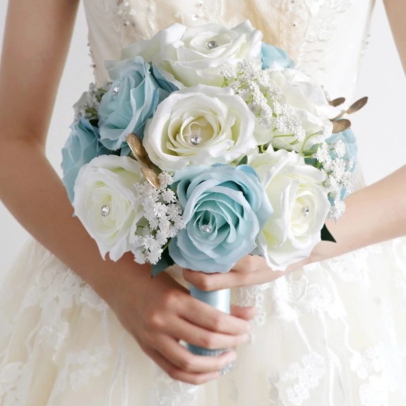 

Wedding Romantic Flower Bouquet Artificial White and Blue Rose Flowers Photography Props for Bride Bridal Bouquets Bridesmaid