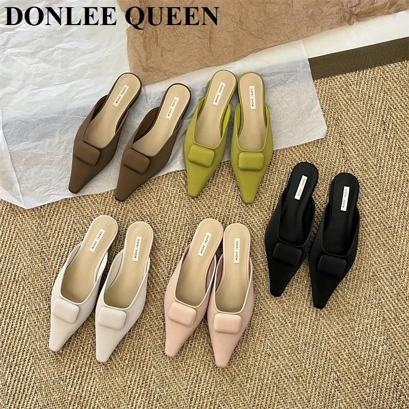 

Женские брендовые дизайнерские шлепанцы, повседневные шлепанцы на плоской подошве, с острым носком, с пряжкой, сланцы, уличные тапочки, 2023