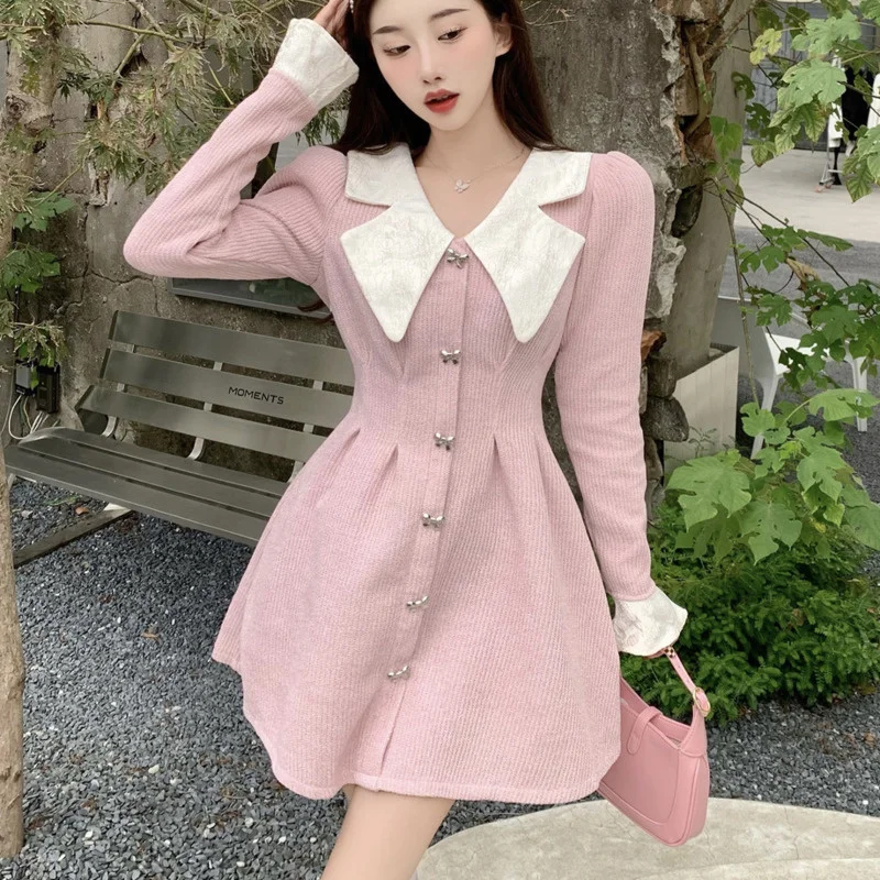 

Женское трикотажное платье с воротником «Питер Пэн», ТРАПЕЦИЕВИДНОЕ элегантное винтажное платье составного кроя на пуговицах с бантом и рю...