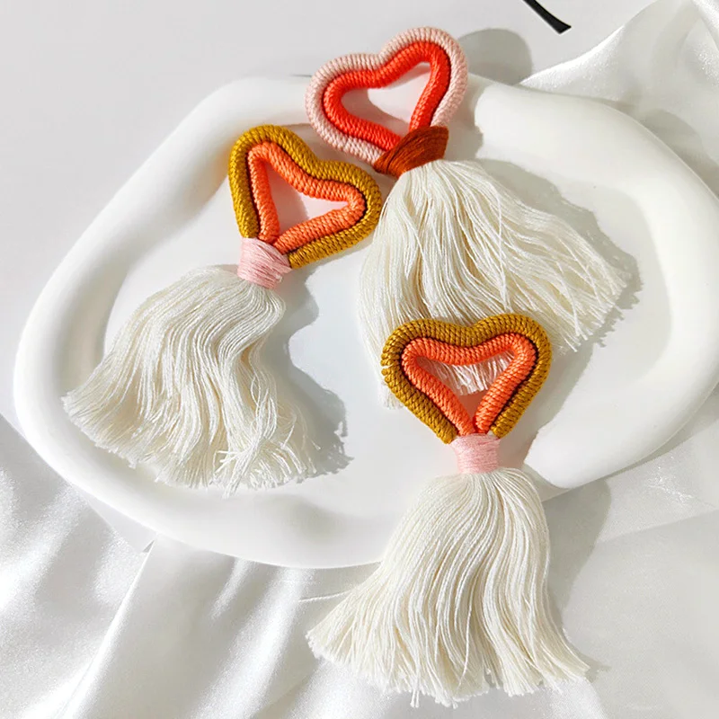 Handmade Woven Cotton Rope Love Heart Tassels Couple Keychain Bag Accessories Fringe Macrame Car Drops Rings Valentine's Gift