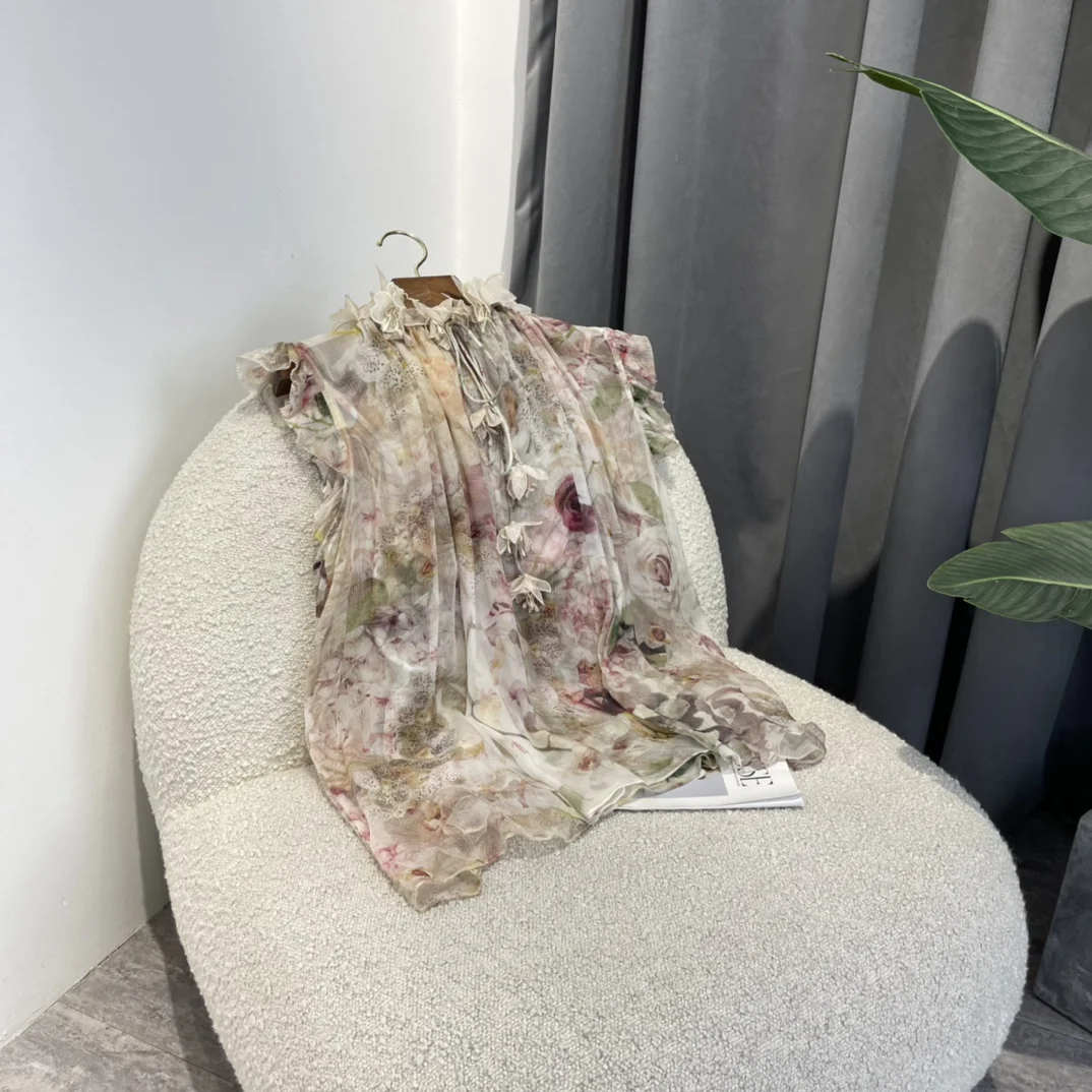 

Женская Свободная блузка без рукавов, шелковая блузка с цветочной вышивкой и аппликацией, лето 2022