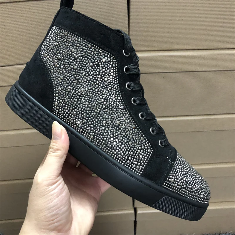 

Luxury Designer Red Bottoms High Top Full Diamond Shoes For Men's Black Suede Rhinestone Couple Women's Fashions Casual Sneakers