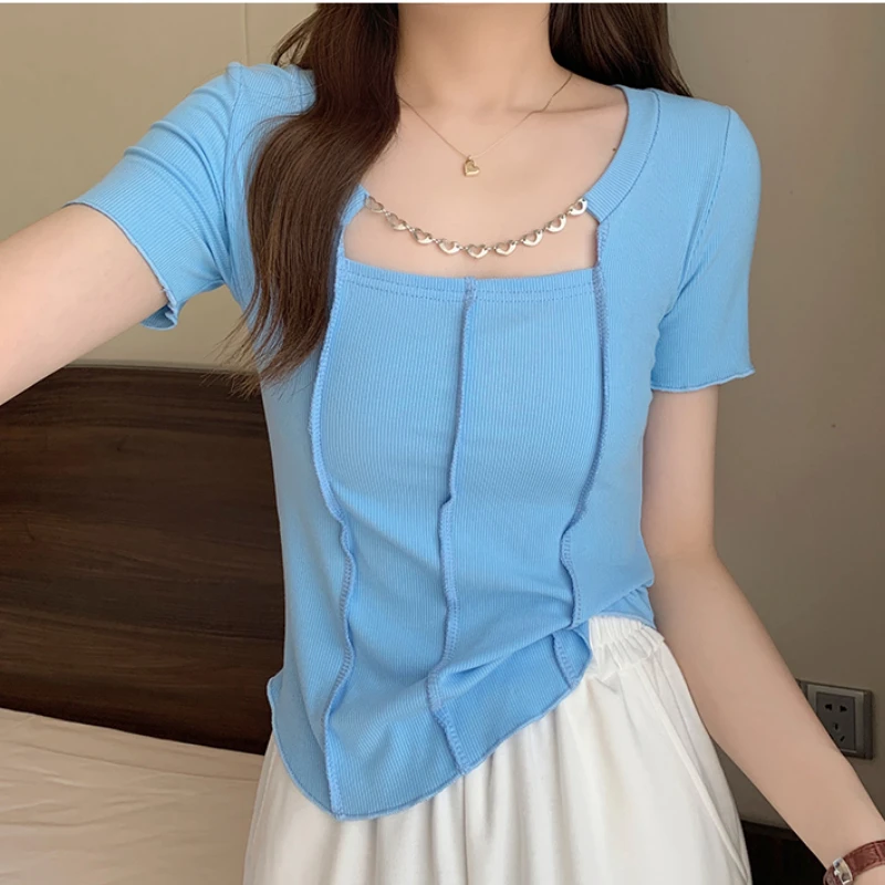 

Short Y2k T-shirt Women's 2022 Summer New Korean Version Slim All-match Heart-shaped Chain Square Collar Short-sleeved Crop Tops