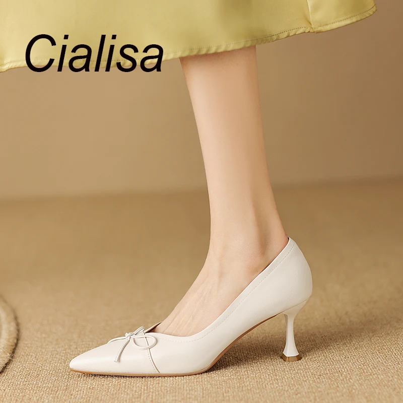 Cialisa Shoes For Women Genuine Leather Fashion Butterfly-Knot Party Dress Thin High Heels Ladies Footwear Beige 2023 Spring New
