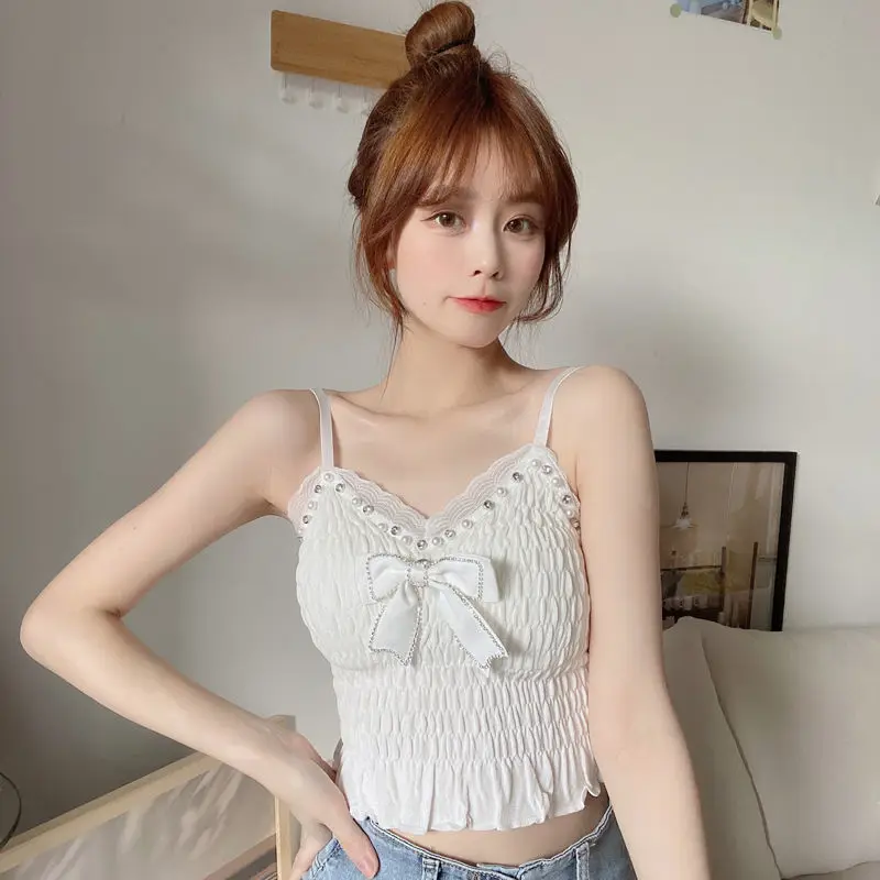 Summer French Lace Tops Bow Camis Crop Top Women Camisole Tube Top Y2k Fashion Diamond Pearl Elegant Short Tanks Vest Streetwear