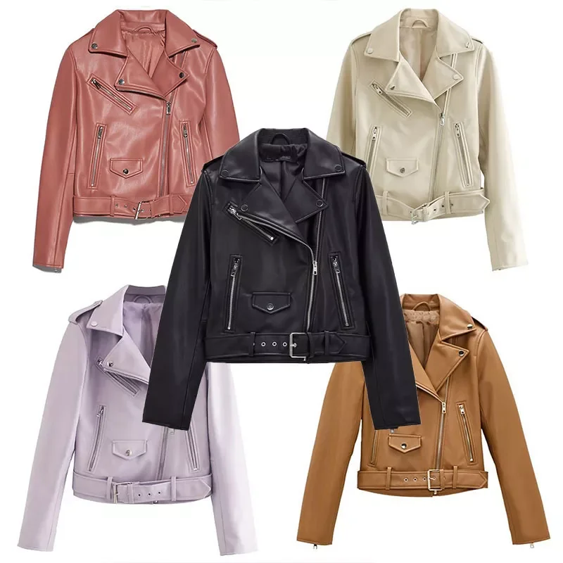 

Spring Autumn Women Faux Leather Jacket Ladies Solid with Belt Zipper Biker Coat