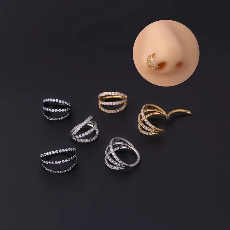 New 16g Stainless Steel Hinged Segment Clicker 3 rows Cz Hoop Septum Nose Ring Nose Piercing Jewelry Cartilage Earring