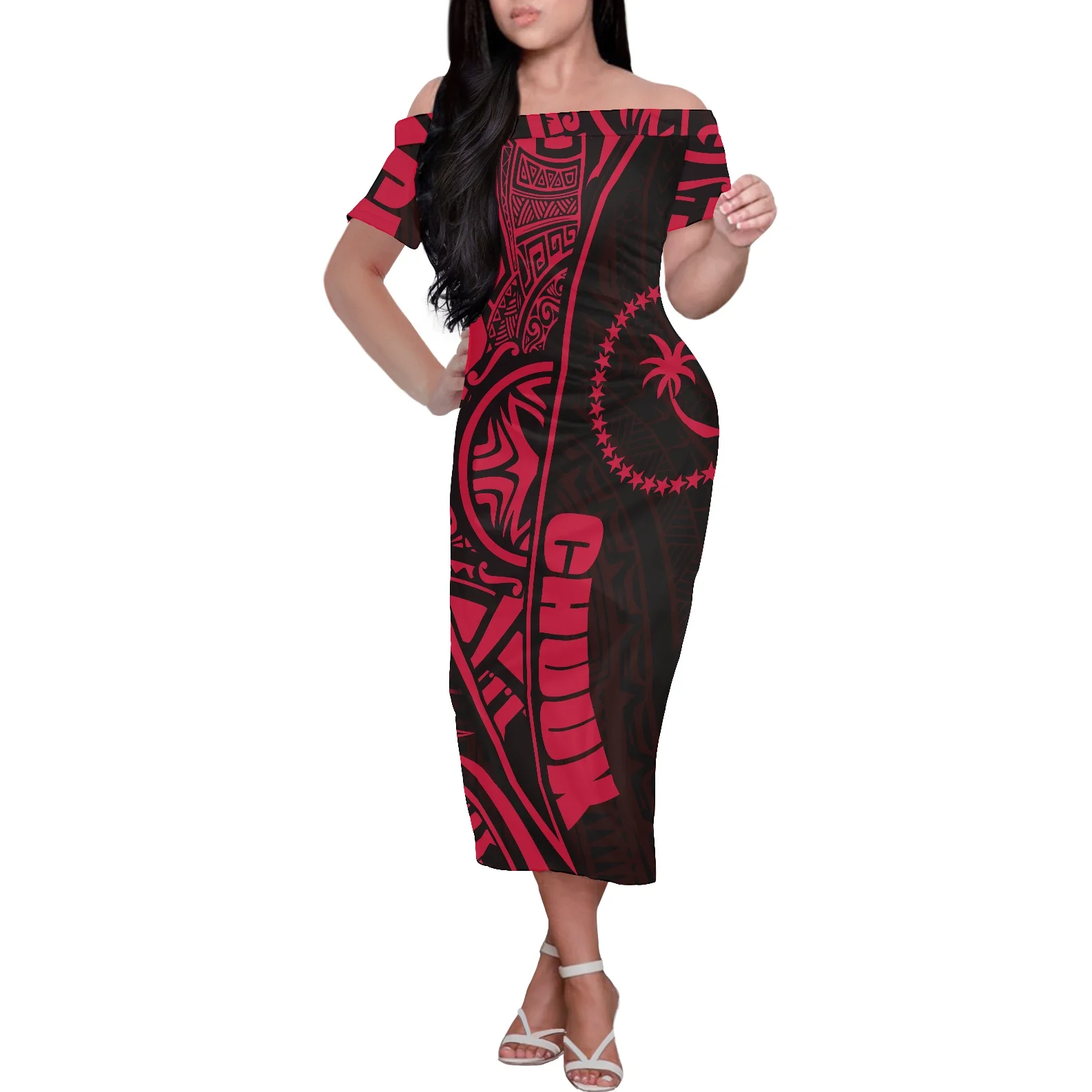 

Red And Black Dress Women's Formal Occasion Banquet Dresses Short Sleeve Women Off Shoulder Dress Chuuk Logo Print Long Dress