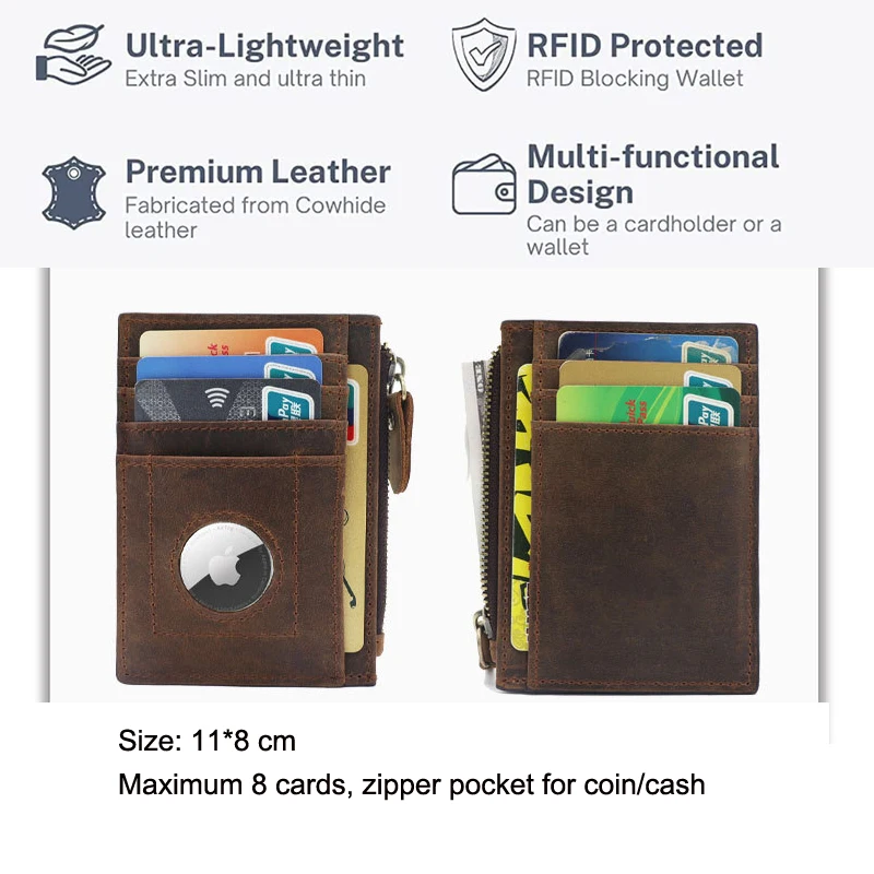 Airtag Wallet Genuine Leather Credit Card Holder for Men RFID Zipper Coin Pocket Airtag Case Mens Wallets Air Tag Cover