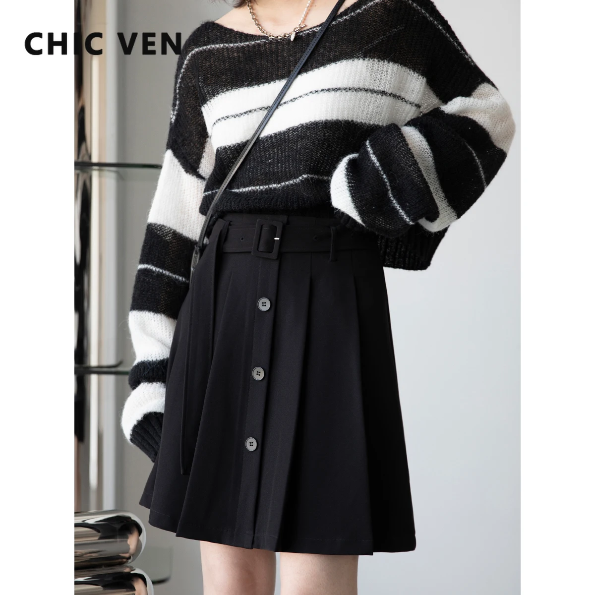 

CHIC VEN Women's Skirt High Waist Pleated Waistband Female A-line Skirts Solid Office Lady Spring Autumn 2022