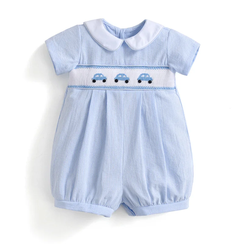 

2023 Baby Boy Smocked Clothes Blue Romper Children Embroidered Top Jumpsuit Summer Spanish Boutique Clothing Rompers Bodysuits