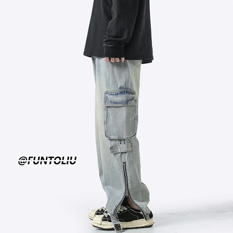 3 Colors Baggy Cargo Jeans Men Fashion Casual Loose Pocket Jeans Men Streetwear Hip Hop Straight Denim Pants Mens Trousers M-2XL