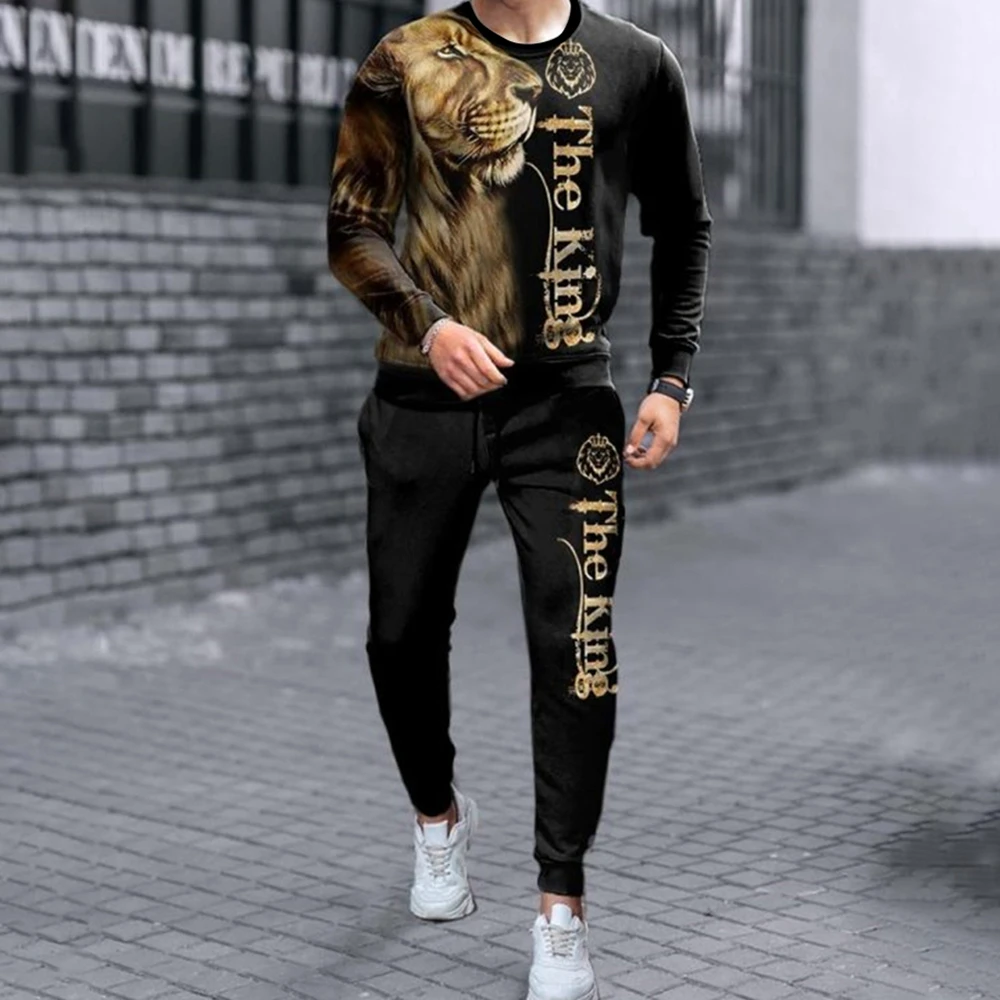 Autumn Long Sleeve Shirt Set 3D Fierce Lion Printed Loose Jogging Tracksuit 2 Piece Suit Streetwear Breathable Sportswear Outfit