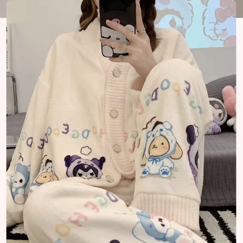 

Kawaii Sanrio Kuromi пижамы фланелевые осенне-зимние Мультяшные плюс бархатные утепленные Y2k коралловые флисовые пижамы комплект милый подарок для девочек