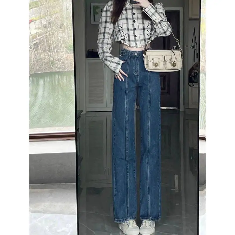 Y2K Fashionable Women Jeans 2023 Summer New Korean Harajuku High Waisted Straight Trousers Casual Lace-up Hollow Denim Trousers