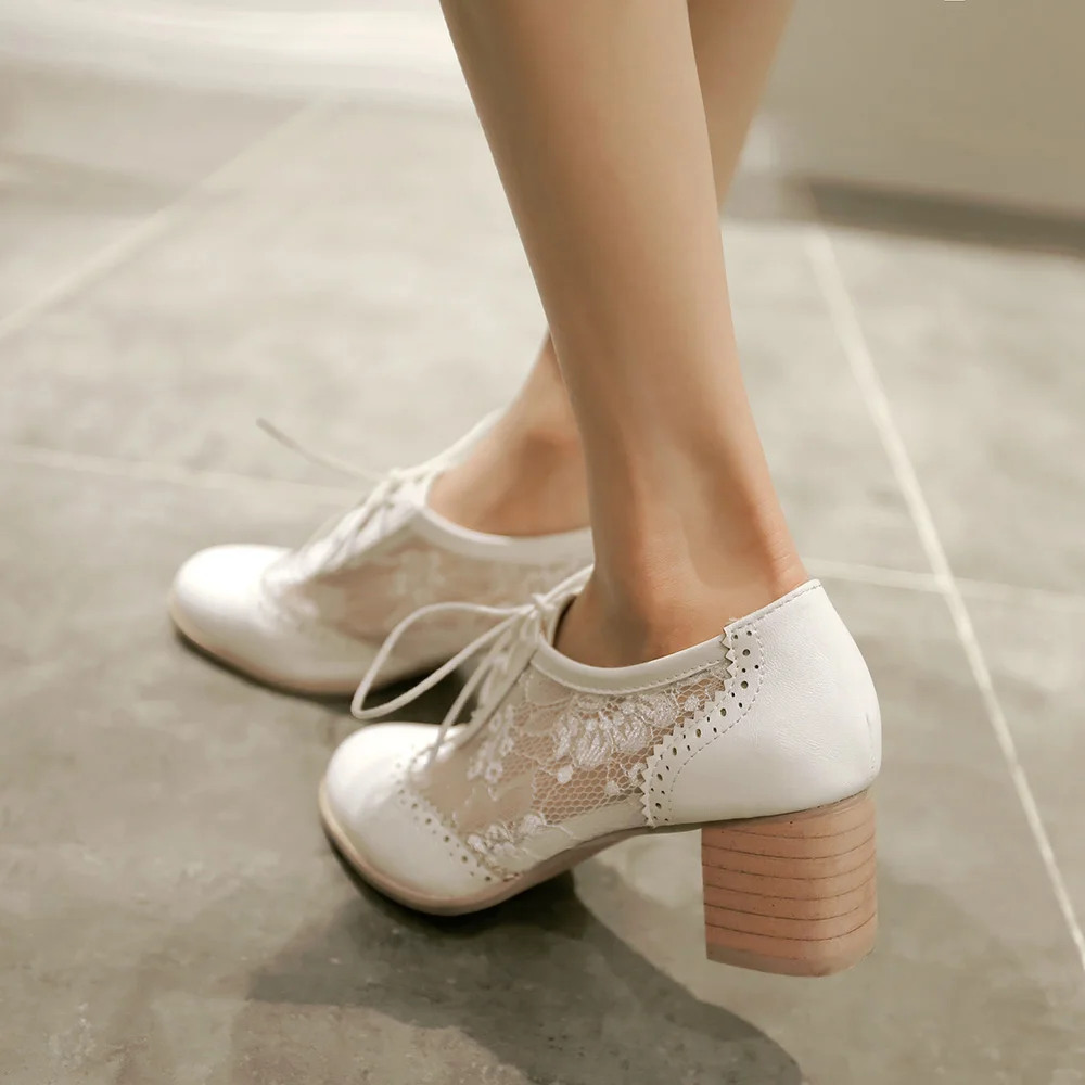 2023 New Women Lace Mesh Breathable Pumps Shallow Brogue Shoes Ladies Vintage Oxford Shoes Lace-Up Chunky High Heels Female34-43