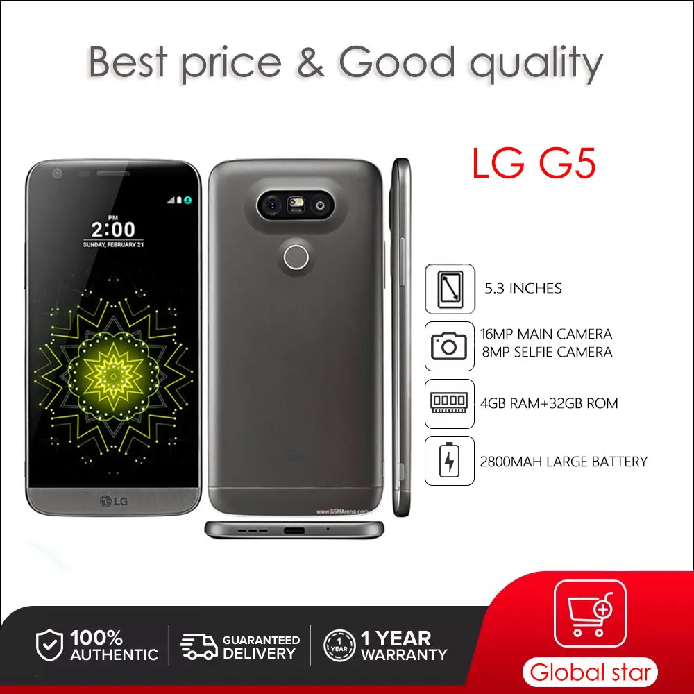 

Оригинальный Восстановленный разблокированный сотовый телефон LG G5 H850 5,3 дюйма 4 Гб 32 Гб ПЗУ камера 16 МП Бесплатная доставка