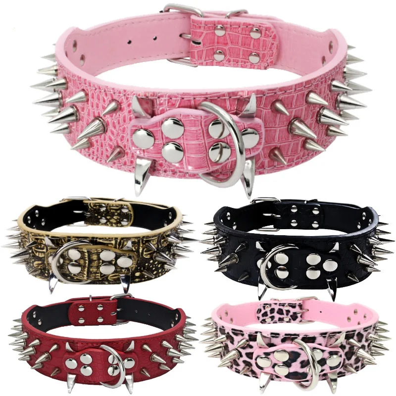 

2" Wide Sharp Spiked Studded Leather Dog Collars Pitbull Bulldog Big Dog Collar Adjustable For Medium Large Dogs Boxer S M L XL