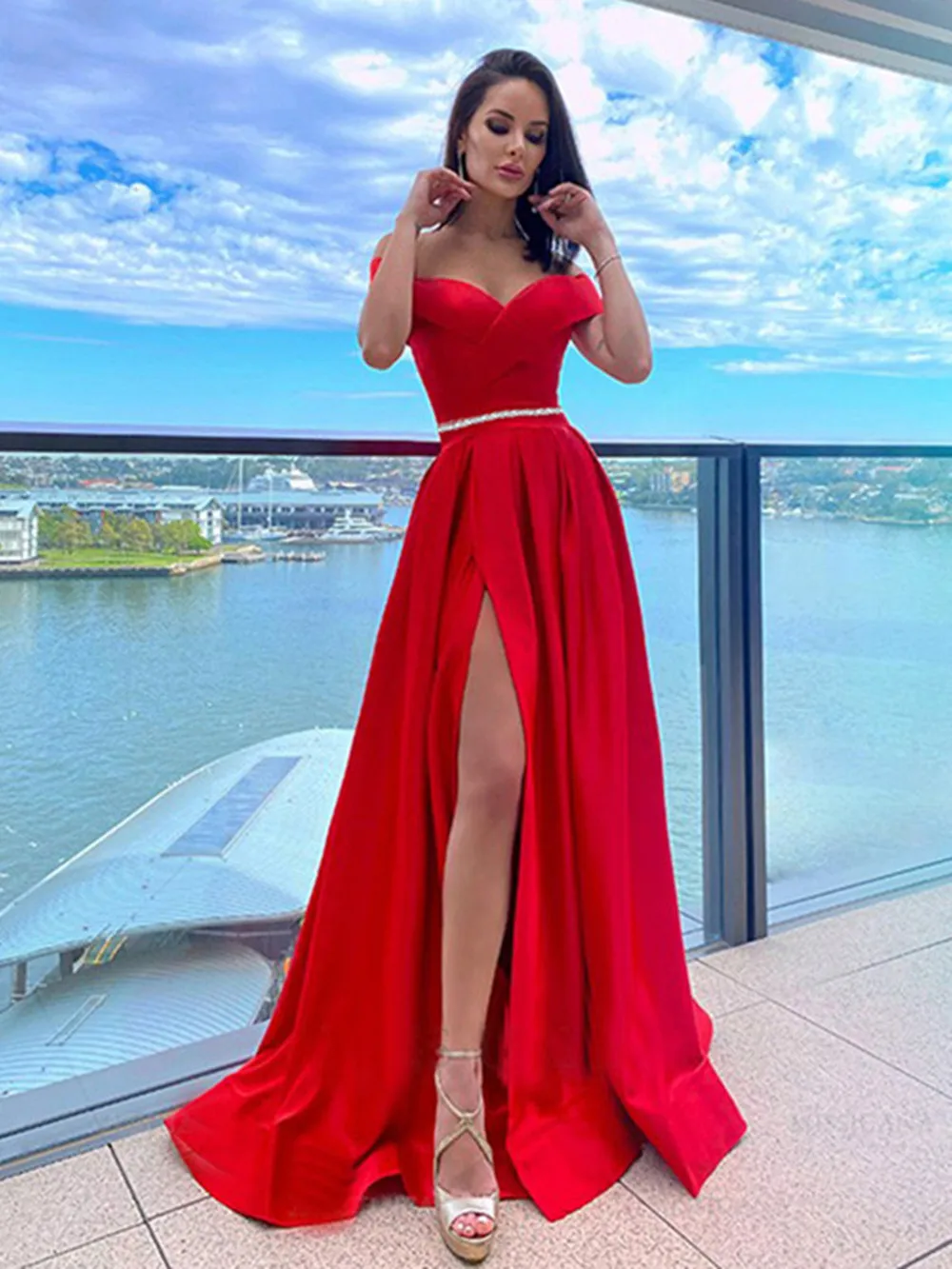 

Elegant Boat Neck Evening Dresses 2022 For Women Female Party Night High Split Off The Shoulder Ball Gown Vestidos Lace Up
