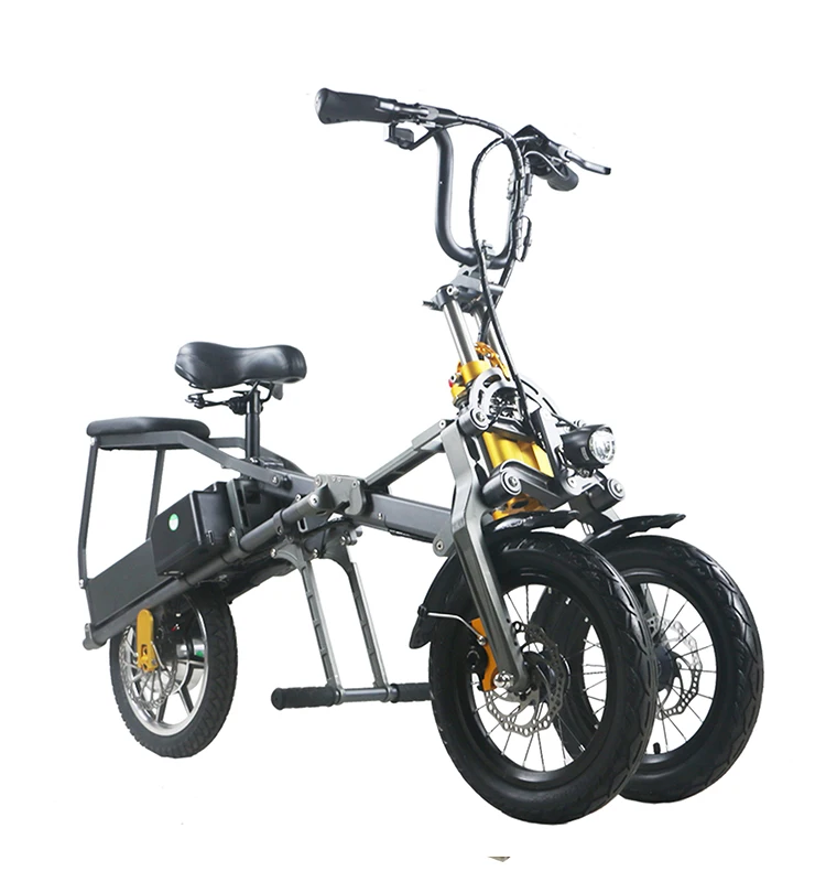 New design 14 inch 350W double 48V lithium battery 3 wheel foldable electric bicycle for adult